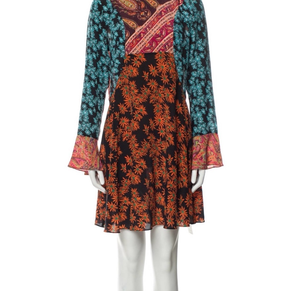 RIXO Blue Asymmetrical Bell Sleeve Sundress